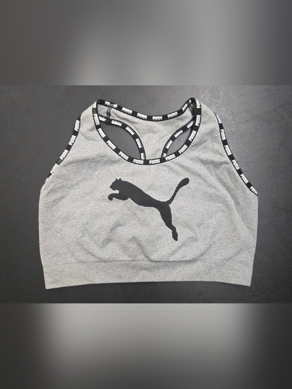 Puma Gray Crop Sports Bra with Black Puma Logo and Trim